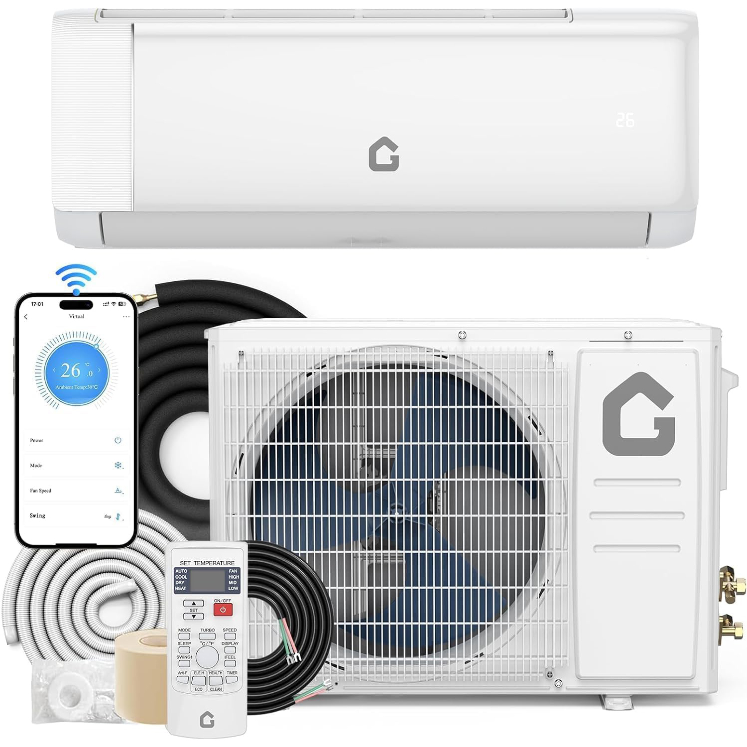 24000 BTU Mini-Split-Klimaanlage mit Heizung, 19 SEER2, 230 V energiekanalloses wandmontiertes AC-Gerät mit ferngesteuerten Kühlräumen
