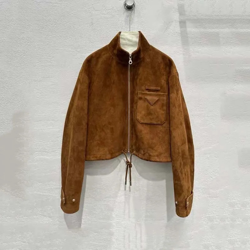Casaco feminino outono 2025 nova moda comprimento curto camurça jaqueta de couro gola alta roupas alta qualidade manga longa