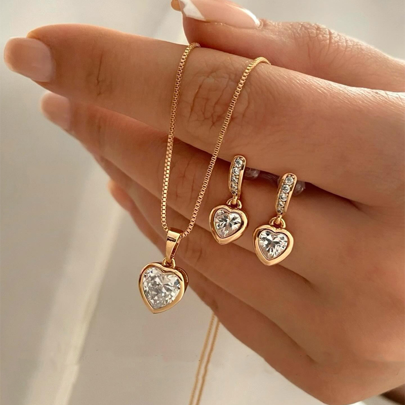 3 ชิ้นจี้หัวใจชุดเครื่องประดับต่างหูจี้สร้อยคอผู้หญิงแฟชั่นประณีต Rhinestone หัวใจคู่ชุดเครื่องประดับของขวัญ