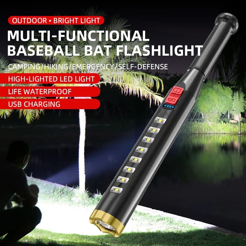 Lampe de poche extérieure transfrontalière, chargement USB, patrouille de sécurité, cob, batte de baseball, lampe de bain