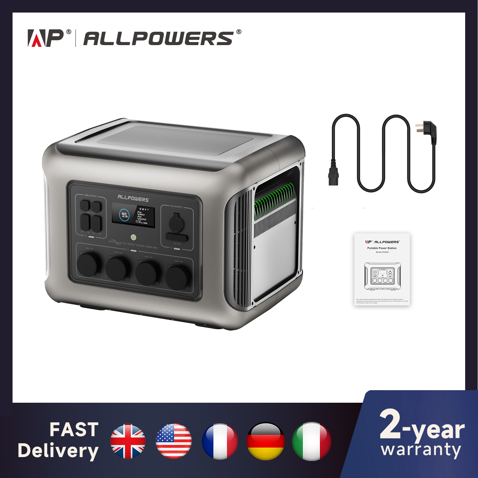 Station d'alimentation portable ALLPOWERS R2500, batterie LiFePO4 1920Wh, 2500W, alimentation d'urgence pour la maison, l'extérieur, les voyages en camping-car