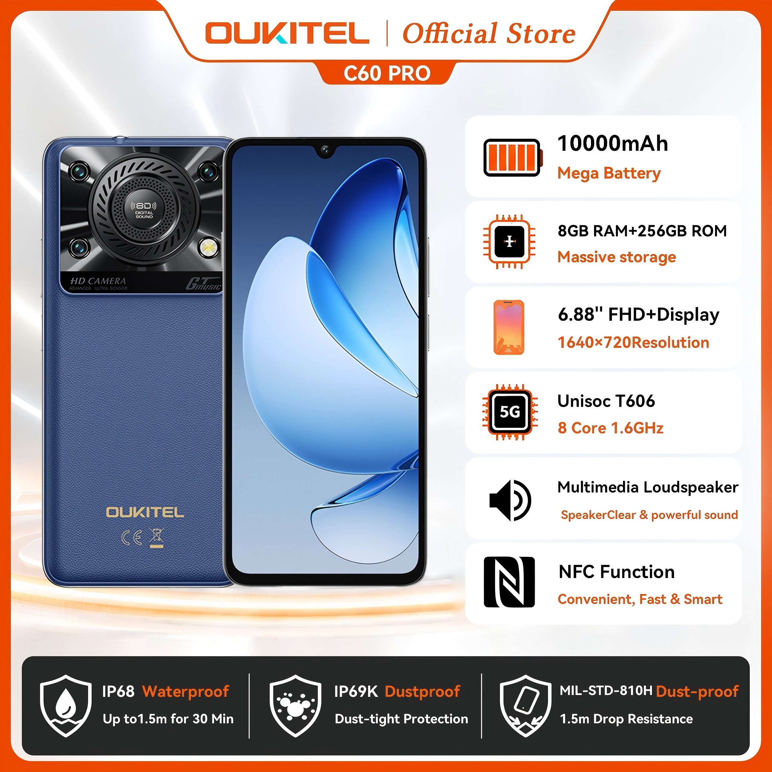 Oukitel C60 PRO Smartphone 10000mAh Battery 24GB+256GB 6.88'HD 90Hz Android 15 13.4nm 36mm Powerful Speaker Cell Phone