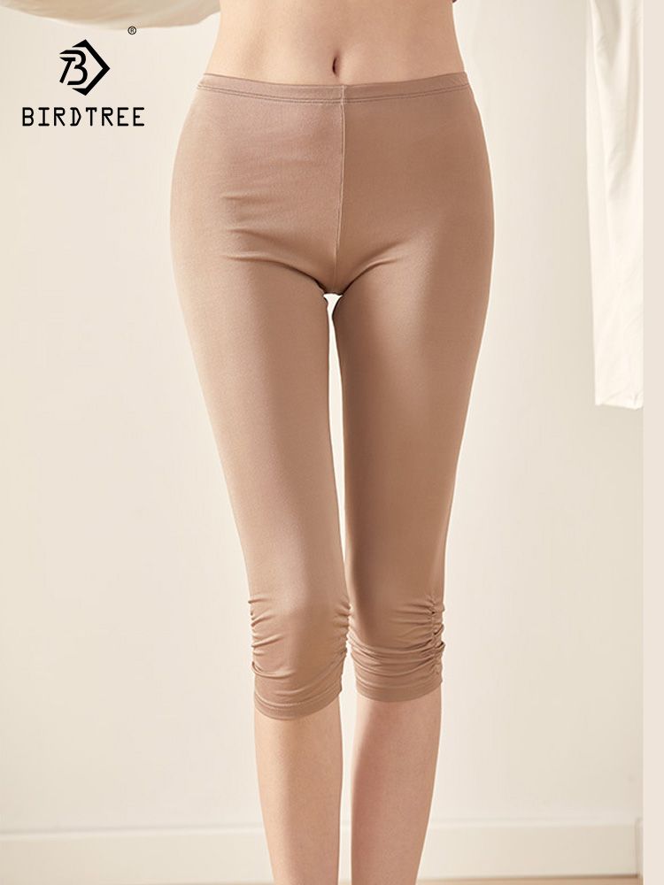 Birdtree Damen-Leggings aus gestrickter Naturseide, 3/4-Länge, schmale Hose, Anti-Empted-Hose, Schwarz, Khaki, Sommer 2023, Neu, B37129QC