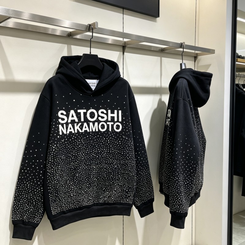 Moletom com Capuz SATOSHI com Strass Hotfix Completo, Estampa Clássica de Letras Estilo Americano High Street, Moletom Retrô Preto de Lã com Capuz para Homens e Mulheres