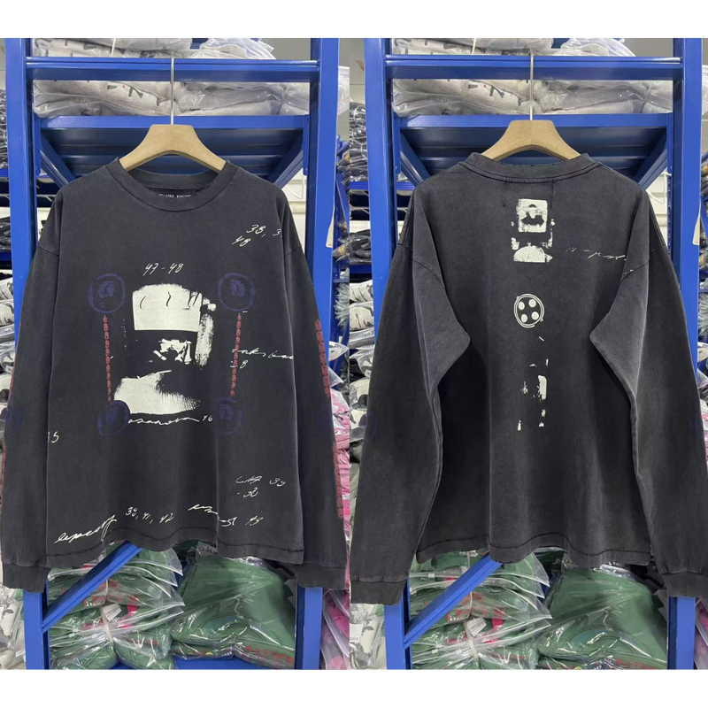 2025ss Erd Top Tees Algodão Retro Lavado Processo Casual Fora do Ombro Camiseta de manga comprida