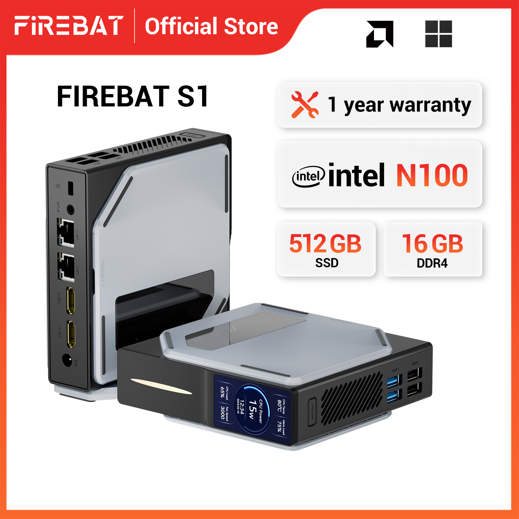 FIREBAT S1 Intel N100 CPU Mini PC ordenador Gamer Gaming DDR4 16GB RAM 512GB SSD Windows 11 BT4.2 Dual HDMI ordenador de escritorio