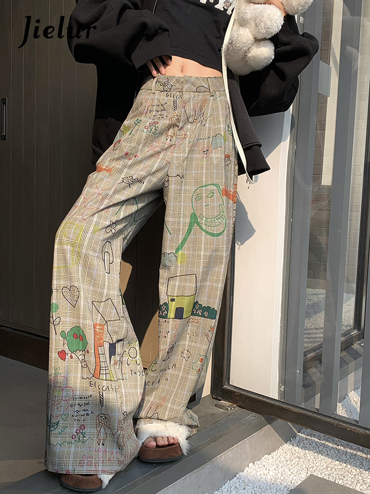 Jielur Pantaloni casual da donna retrò con graffiti coreani Primavera Nuove donne Moda a vita alta Pantaloni a gamba larga che spazzano il pavimento dolce