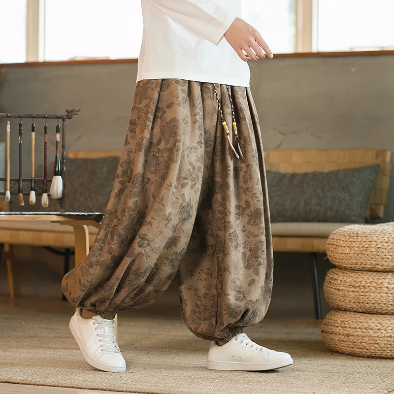 Pantalon en velours côtelé à fleurs foncées de style chinois pour hommes, bouffant décontracté, taille élastique, jambe large, mode, haute qualité, fjMale