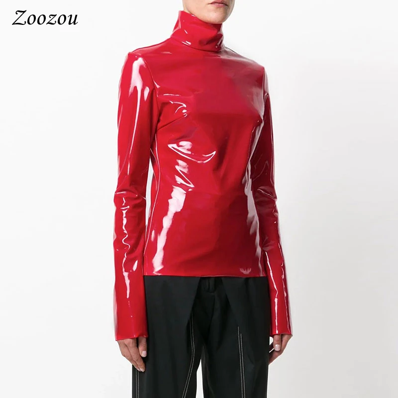 Tops de cuello alto de talla grande de cuero Faxu brillante para mujer, jersey de PVC con cremallera, ropa de cuero PU negro y rojo 4XL 5XL 6XL
