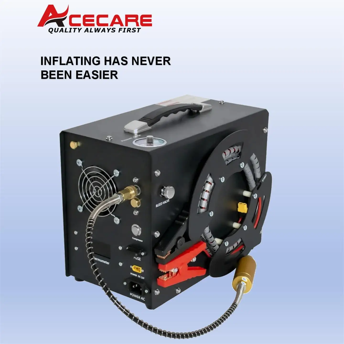 ACECARE 300Bar 4500Psi compresor de aire PCP compresor de alta presión con adaptador de corriente portátil incorporado de 12V ventilador parada automática ES062