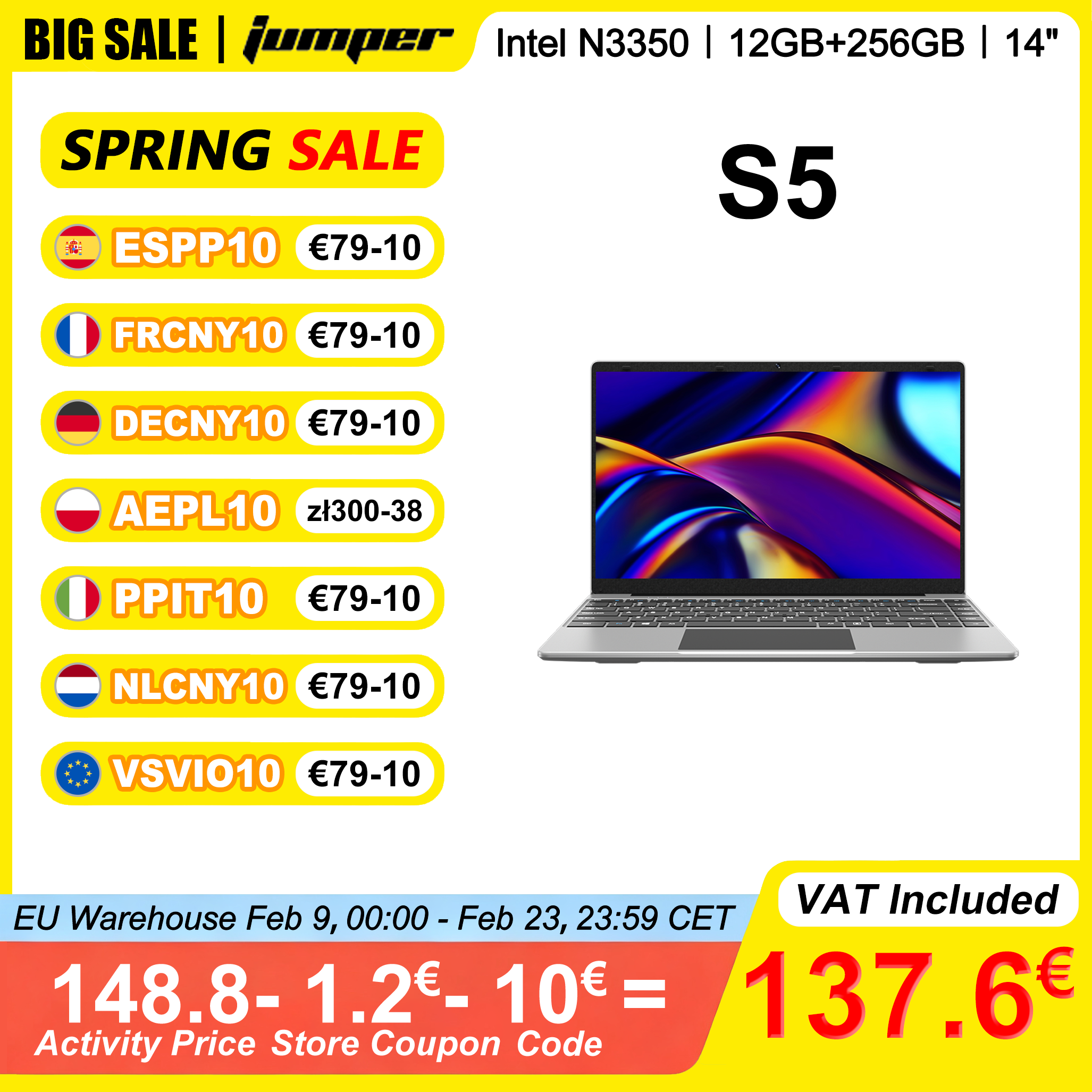 Laptop Jumper S5 14 cali FHD Intel N3350 12GB RAM 256GB SSD Windows Intel UHD Graphics 4800mAh