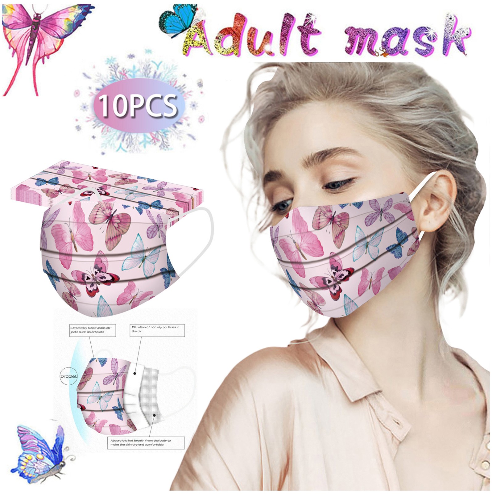 10/30/50/100PC Cor Mista Adulto Especial Impressão Floral Proteção Máscara Descartável Respirável Máscara Anti-Poeira de 3 Camadas