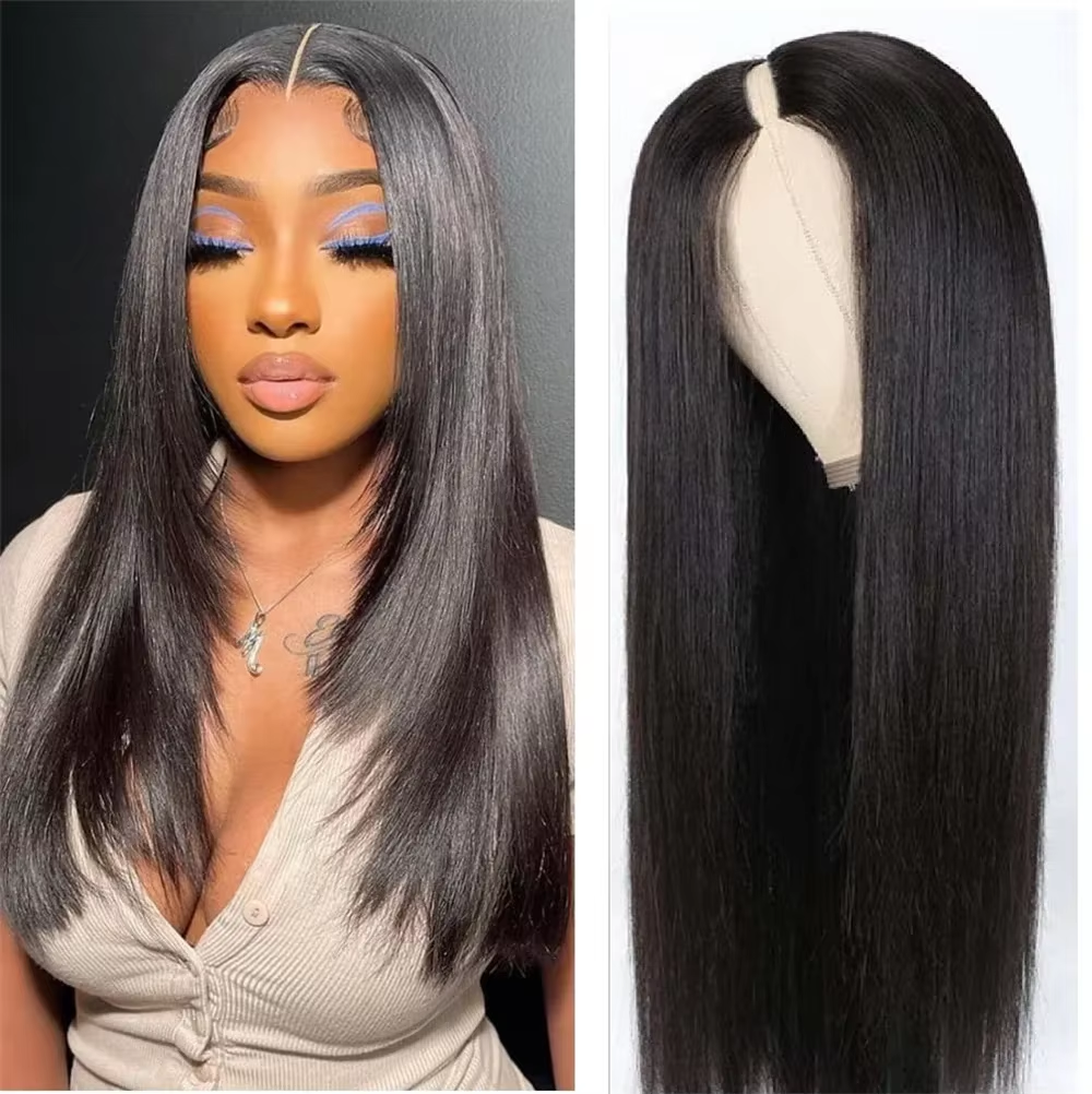 Perruque Péruvienne Remy de Cheveux Naturels Lisses avec Partie en V, 12 à 32 Pouces, Entièrement Faite à la Machine, pour Femme