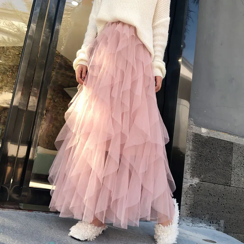 Femmes élastique taille haute Tulle maille irrégulière Tutu jupe été filles fête enfant plus âgé fille plissée longues jupes mi-longues