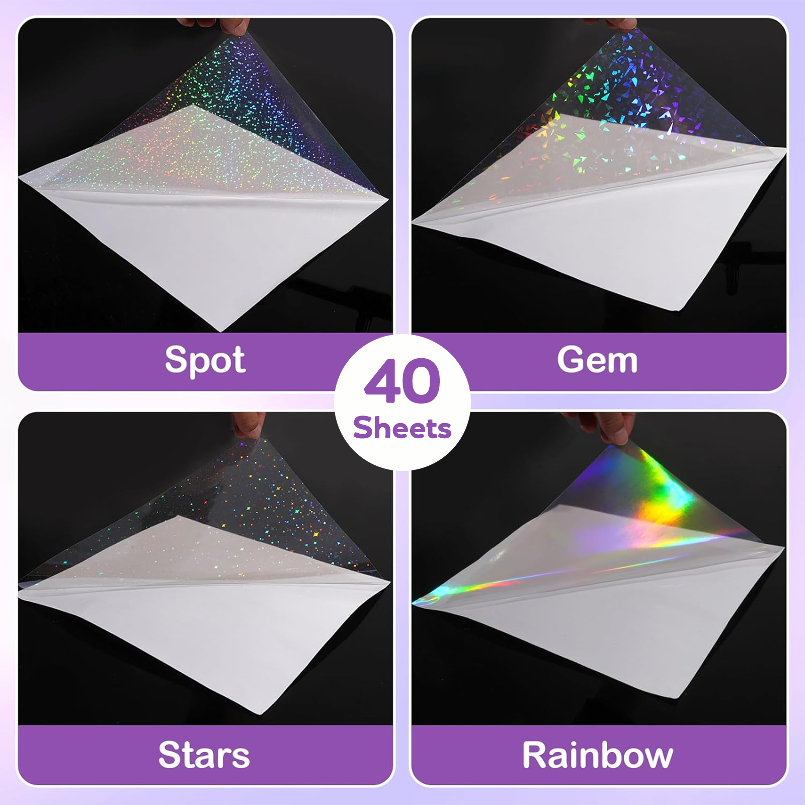 40 Blatt A4 klare holografische Kaltlaminierungsfolie 8,3 x 11,7 Zoll selbstklebende Folie 4 Stile gemischt: Diamant, Regenbogen, Sterne, Punkte