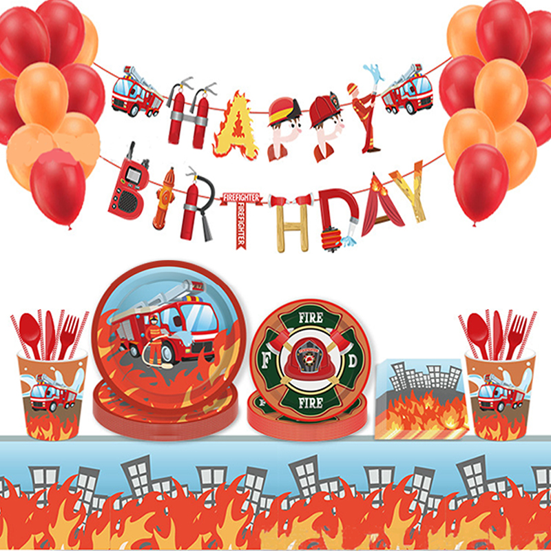 Suministros para fiesta de feliz cumpleaños con tema de bombero, vasos de papel, platos, servilletas, banderas, pancarta, fiesta, recuerdo para niños, decoración de globos