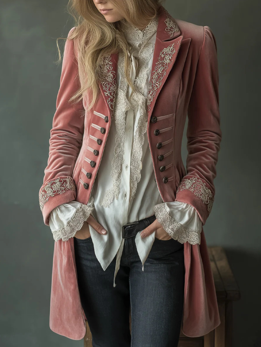 Women's Vintage Gold Velvet Jacket Blazer Spring Autumn Casual Solid Color Patchwork Lace Jacket Elegant Long Sleeve Slim Coat