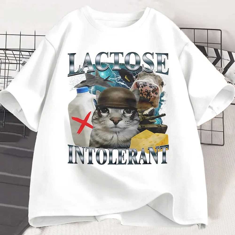 Koszulka damska z zabawnym memem o kotach dla intolerantek laktozy, retro, modna, z rękawami, codzienna, wygodna, letnia, z rękawami, w stylu Harajuku, streetwear, topy, t-shirty