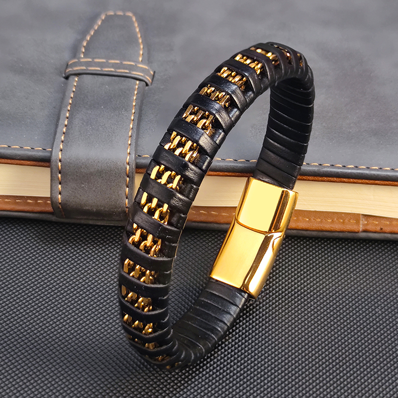 Nouvelle mode 8mm chaîne bordure lien cubain charme Bracelets en cuir hommes en acier inoxydable aimant fermoir main Bracelet Homme cadeaux pour hommes