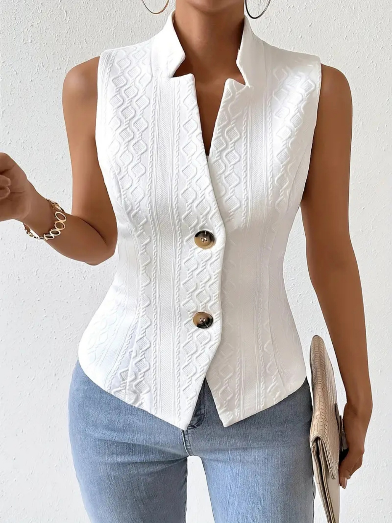 Elegante Damen-Blazerweste mit V-Ausschnitt, ärmellos, einfarbig weiß, strukturiert, Knopfleiste, schmal geschnitten