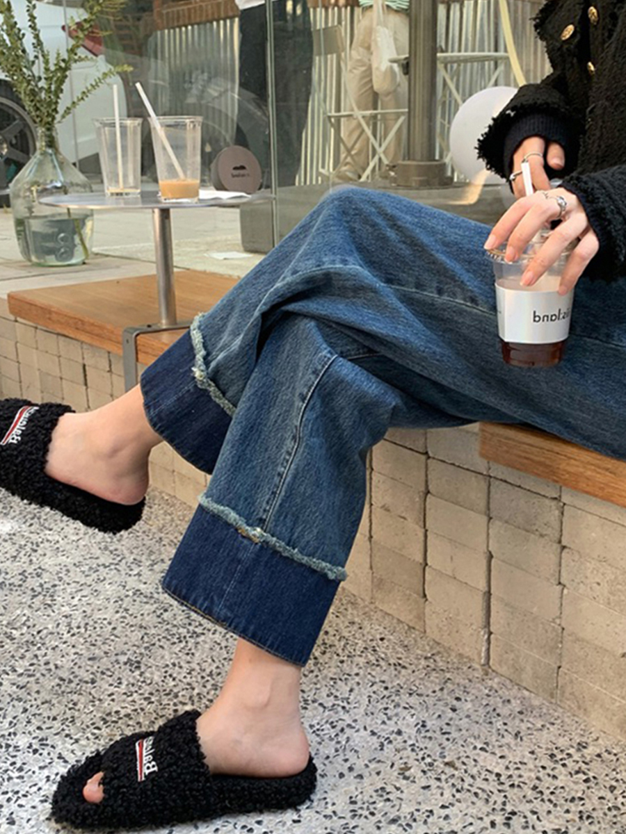 プラスサイズヴィンテージジーンズレディースハイウエストストレートレッグワイドレッグロングパンツルーズフィット痩身デザインセンシティブドラッグトレイル