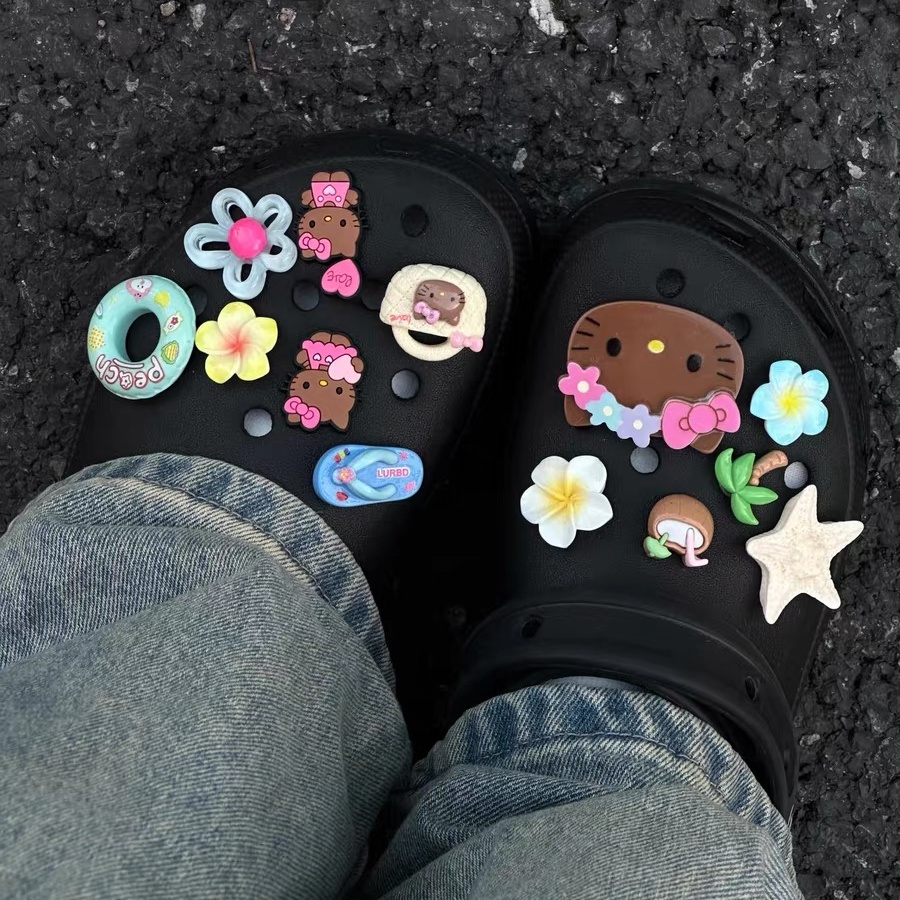Aksesoris Sepatu Clog Pantai Bertema Hello Kitty Hawaii Warna Cokelat Musim Panas, Hiasan Bintang Laut, Klip Sandal, Dekorasi DIY untuk Wanita, Hadiah Pesta