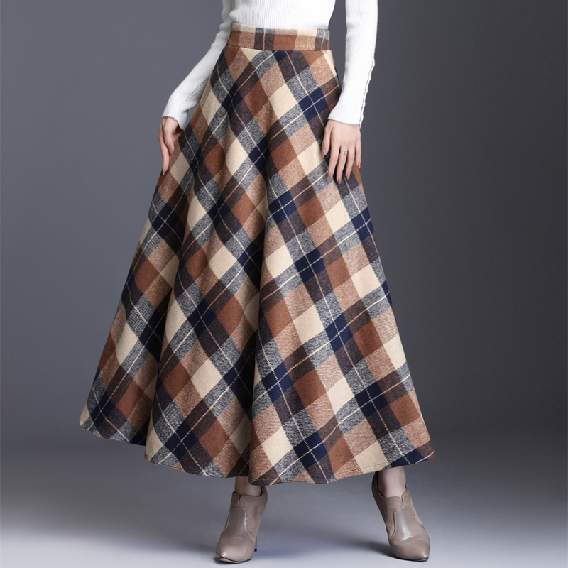 Falda larga a cuadros para mujer, prenda gruesa y cálida de cintura alta, informal, de lana, 3XL talla grande, invierno, 2021