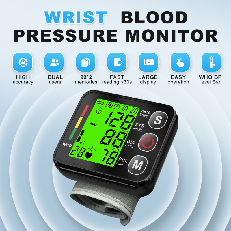 Justlang retroiluminado lcd monitor de pressão arterial de pulso 3 cores esfigmomanômetro digital freqüência cardíaca artrmia pulso bp monitor