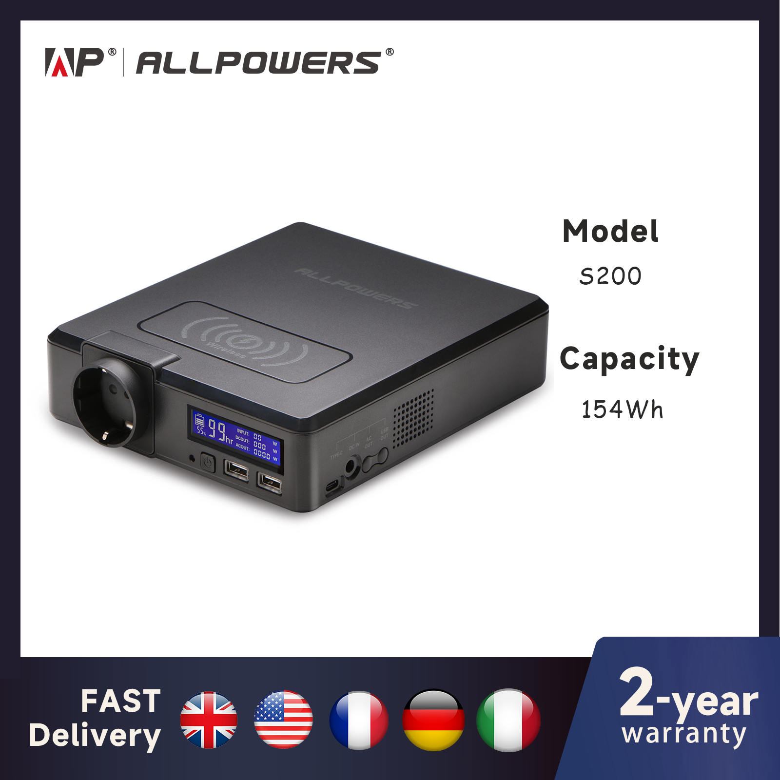 ALLPOWERS Solar Powerbank 154Wh 41600mAh Zewnętrzna ładowarka akumulatorów Powerstation 200W Przenośny generator awaryjnego zasilania zapasowego