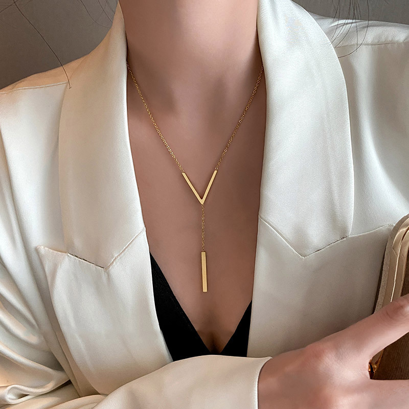 Collier long et sexy en forme de V en acier inoxydable pour dames et filles, chaîne de couleur or, bijoux de fête