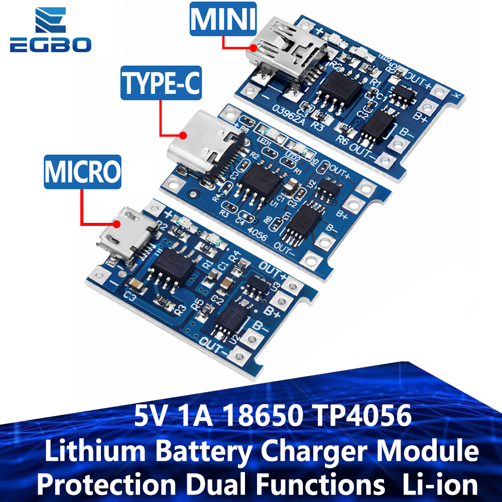 Egbo 5 peças 10 peças placa de carregamento de lítio módulo 18650 tipo-c micro mini 5v 1a placa de carregamento proteção funções duplas tp4056