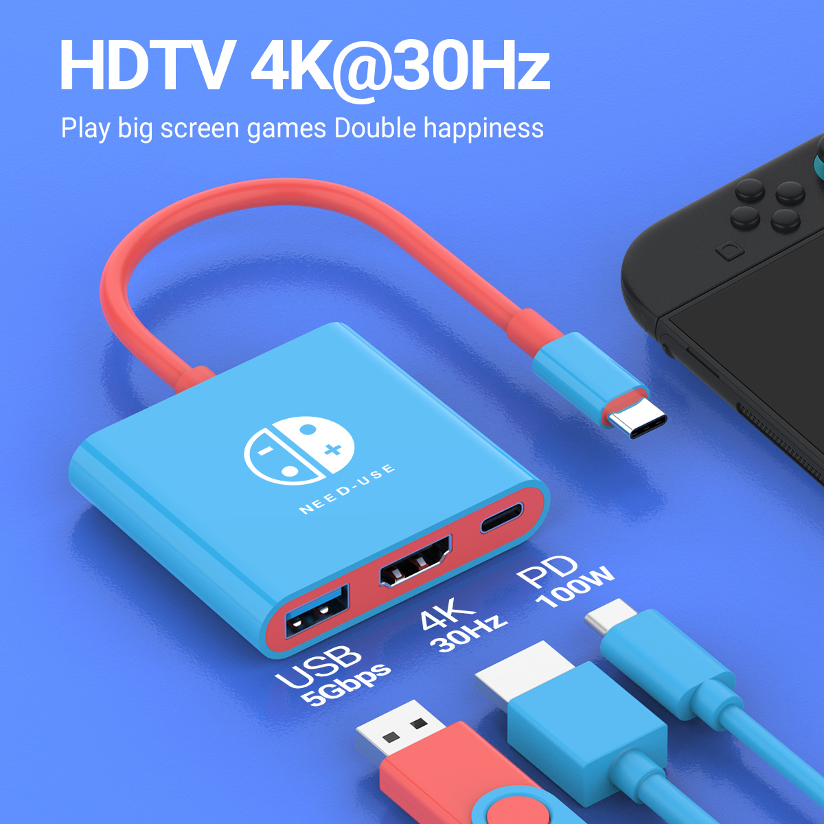 Hub USB-C 3 w 1 z HDMI 4K i szybkim ładowaniem PD 100W, stacja dokująca USB 3.0 do Switcha, MacBooka, laptopa, komputera, telefonu