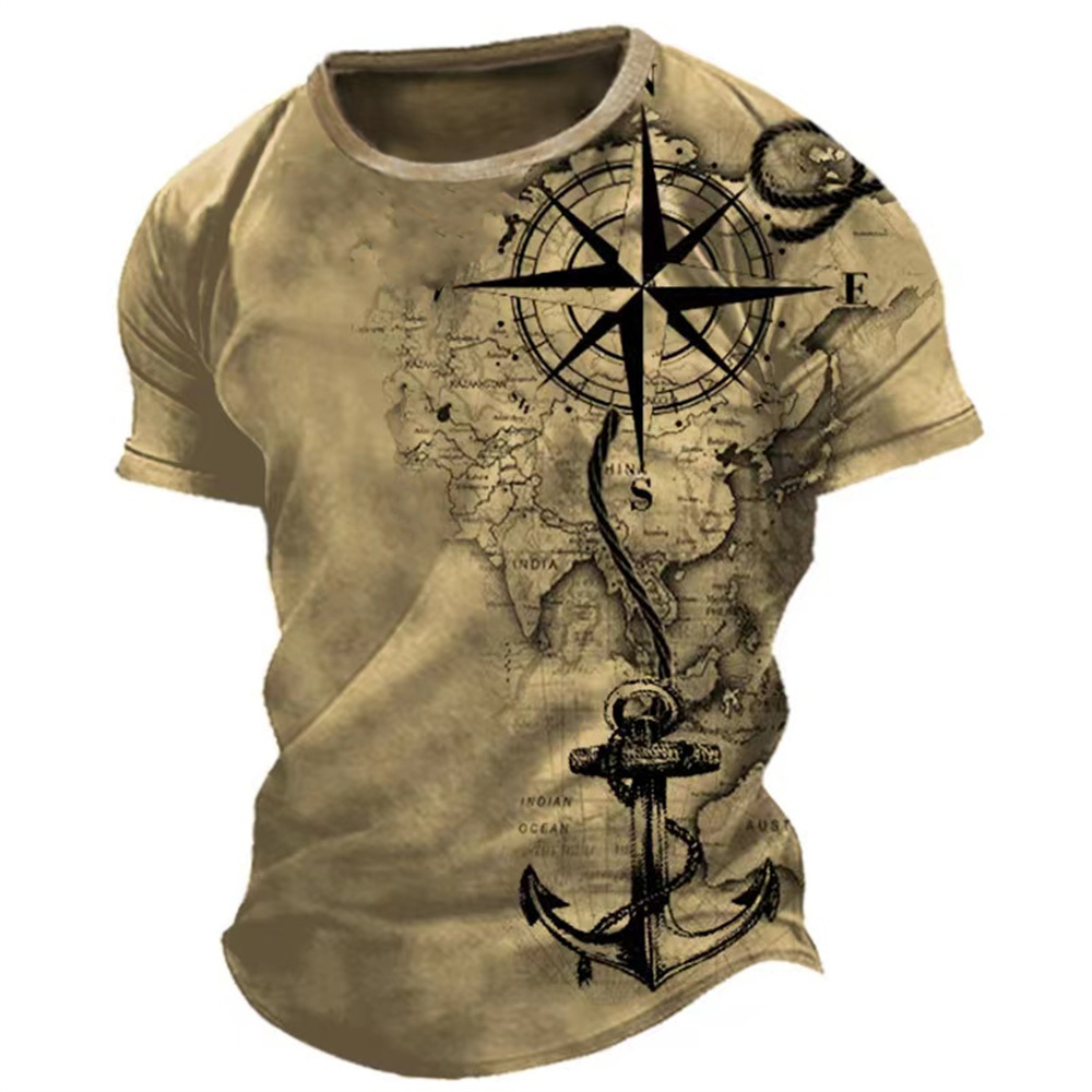 Camiseta Vintage para hombre, camisetas americanas de verano, camisetas de manga corta con estampado de brújula, ropa holgada de uso diario para hombre, ropa de calle informal