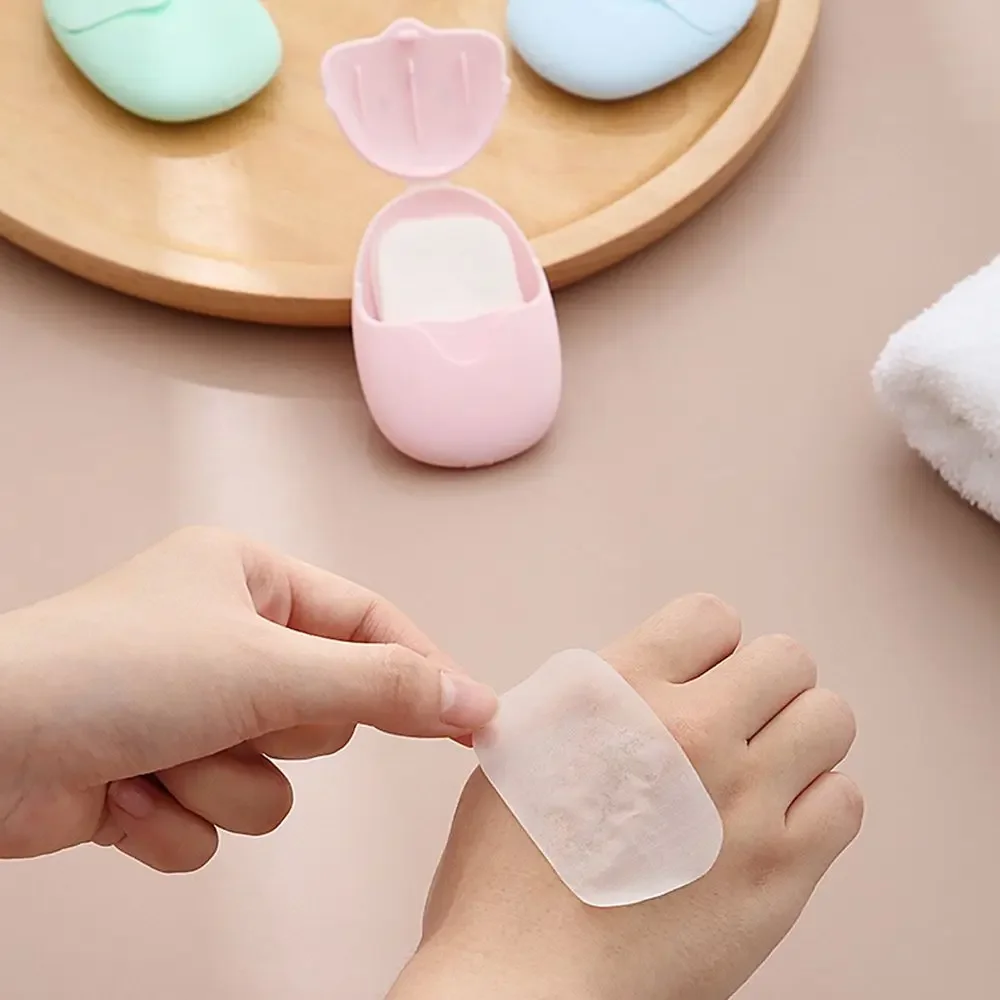 50 ชิ้นน่ารักแบบพกพากระดาษสบู่กลางแจ้งสบู่ทิ้ง Flakes มือซักผ้า Mini สบู่ชิ้นกล่อง