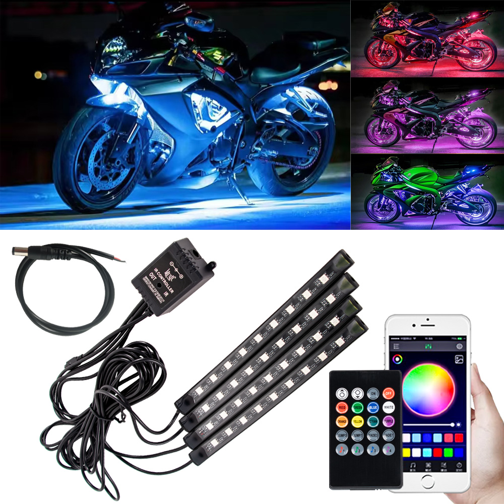 LED 오토바이 자동차 분위기 풋 라이트 RGB 앱 리모컨, 유연한 방수 원격 사운드, 12V 모토 장식 램프 스트립