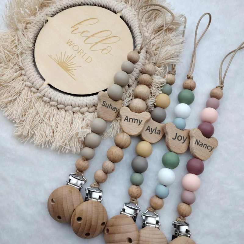 Nome personalizado de madeira personalizado bebê chupeta corrente silicone grânulo manequim titular do bocal guarda mordedor pingente presente recém-nascido coisas