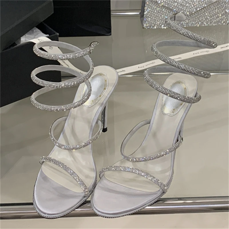 Aneikeh Sandal Berbalut Ular Kristal Glitter Sepatu Prom Pesta Hak Tinggi Hak Tipis Berlian Imitasi Seksi Fashion Musim Panas Wanita