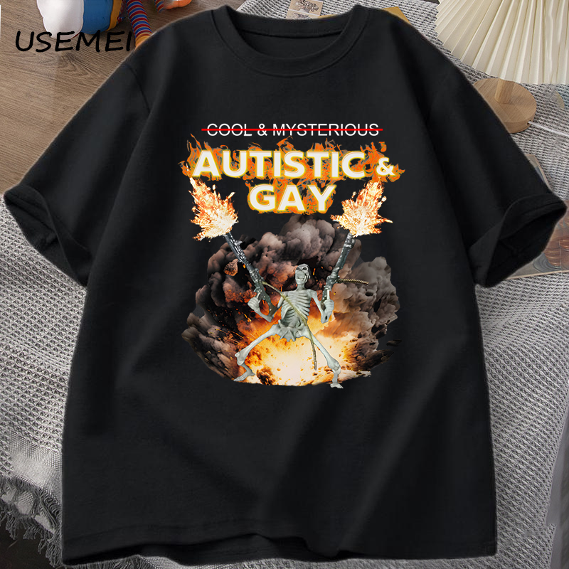 自閉症とゲイのスケルトン爆発 Tシャツアンヒンジドスケルトン自閉症ミーム Tシャツコットン半袖グラフィック Tシャツストリート