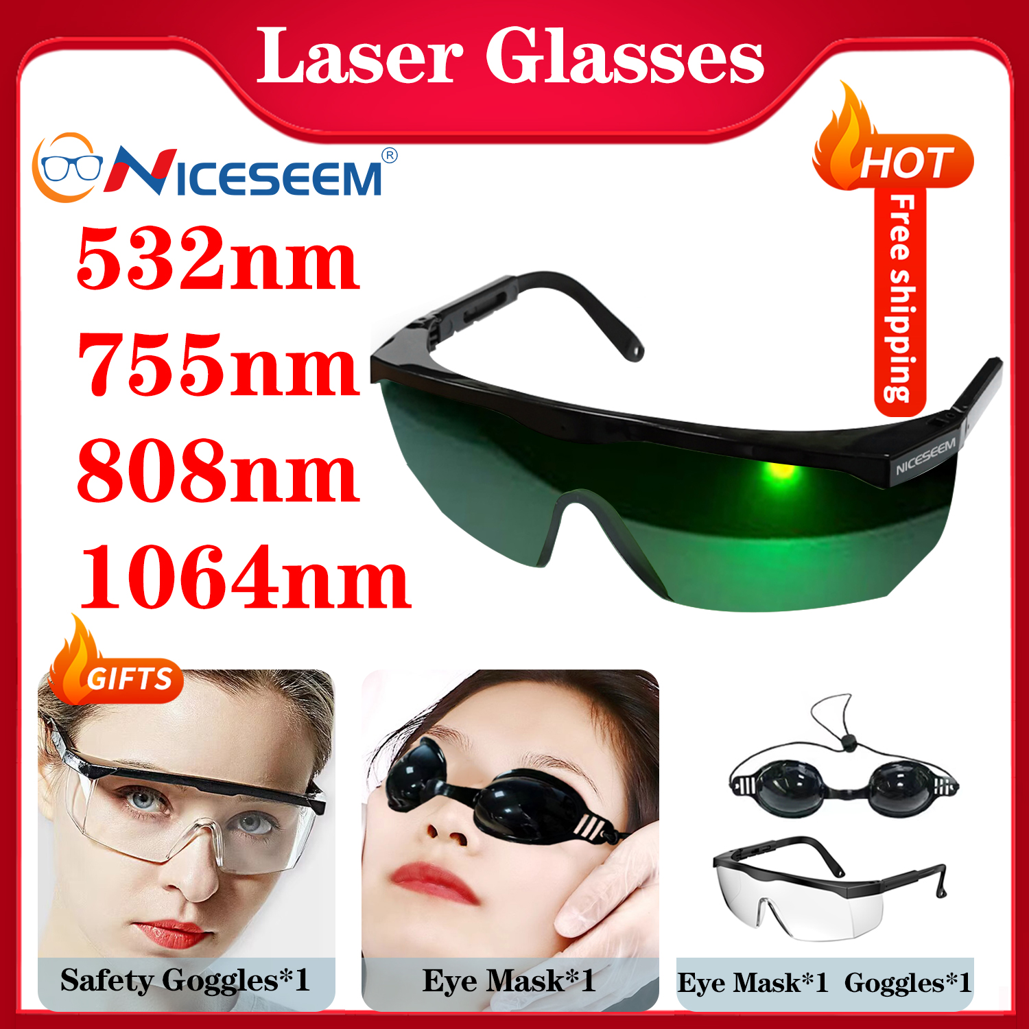 Lentes de seguridad láser gafas de protección gafas ND YAG infrarrojos OD8 1064nm 532nm azul rojo verde luz IR UV IPL pelo