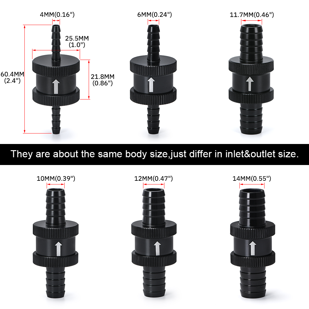 6 Size 4MM / 6MM / 8MM / 10MM / 12MM / 16MM Non Return One Way Fuel Check Valve Aluminum Alloy Petrol Diesel