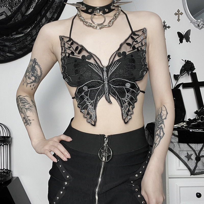 Goth Dark Fairycore Spitze Schmetterling rücken frei Camis y2k Grunge sexy Bandage Halfter Top Mall Gothic Stickerei Ernte Festival Outfit