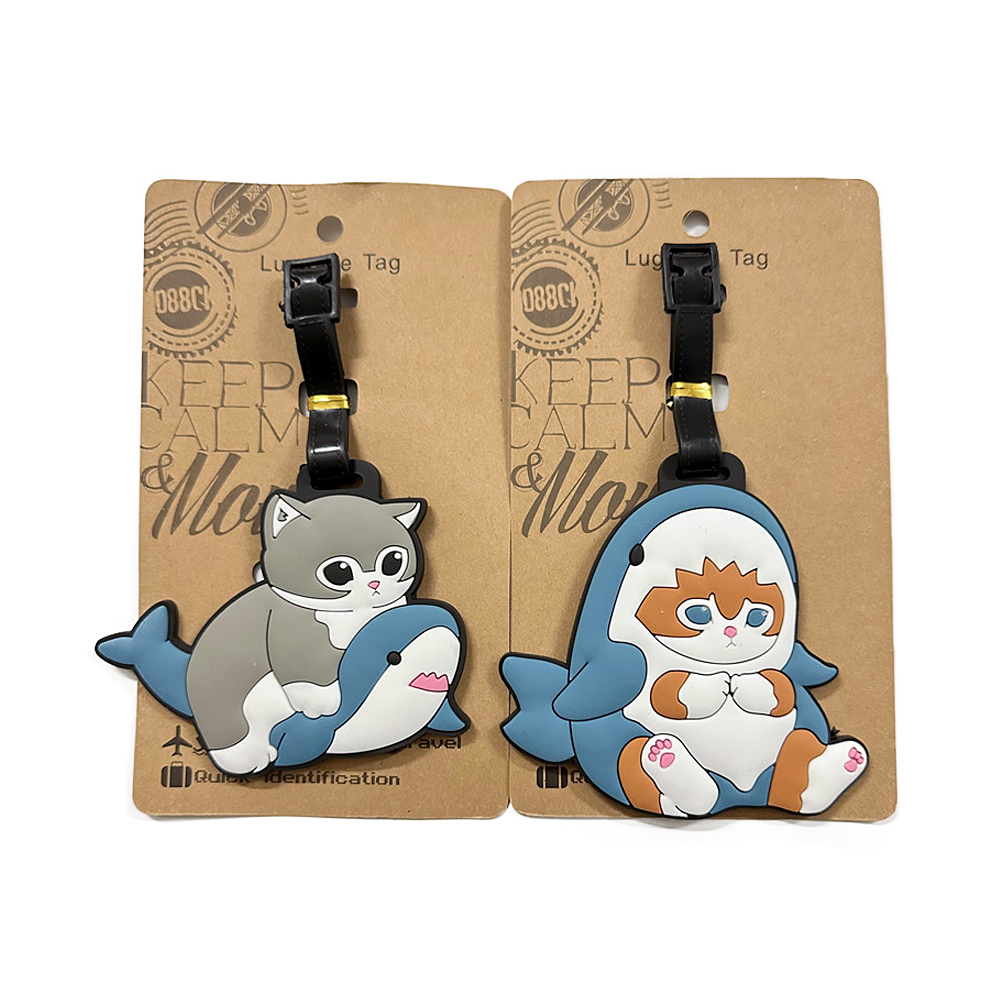 Etiqueta de bagagem com design de gato tubarão kawaii, acessórios de viagem para mulheres, etiqueta de bagagem de pvc de desenho animado, portátil, anti-perda, etiqueta de nome de endereço