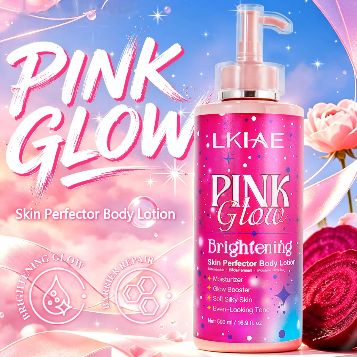 LKIAE Pink Glow Brightening Lotion, With Nicotinamide, Moisturizer, Soft Silky Skin, For Melanin Rich Skin, Even-Looking Tone