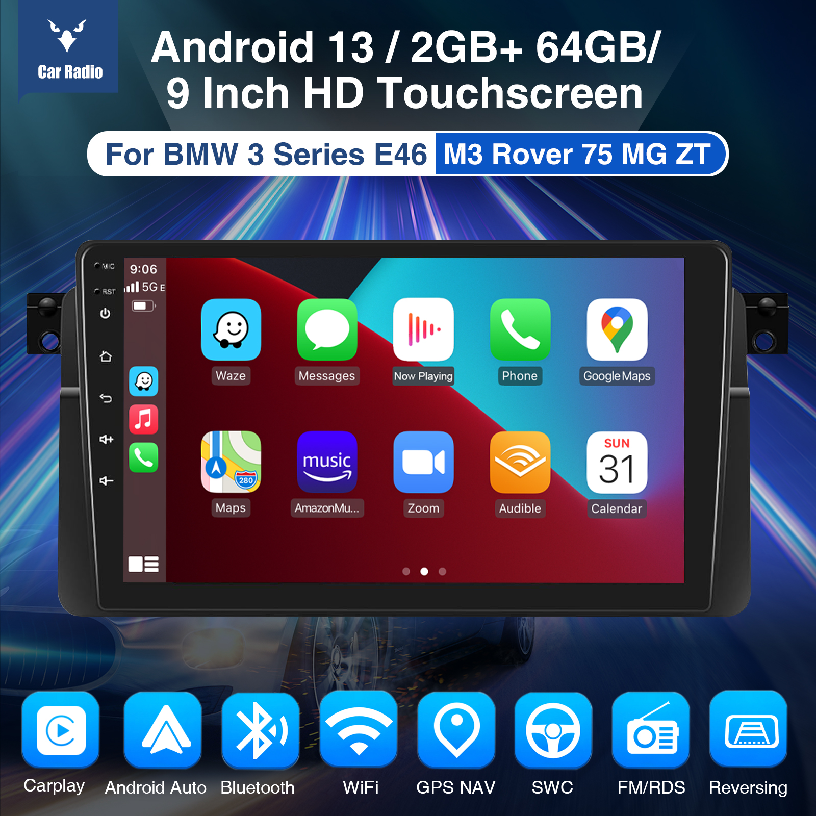 ESSGOO-Écran d'affichage d'autoradio Android 13, Limitation 2 + 64G, BMW Série 3 E46, M3, Rover 75 MG ZT, Carplay sans fil, Auto