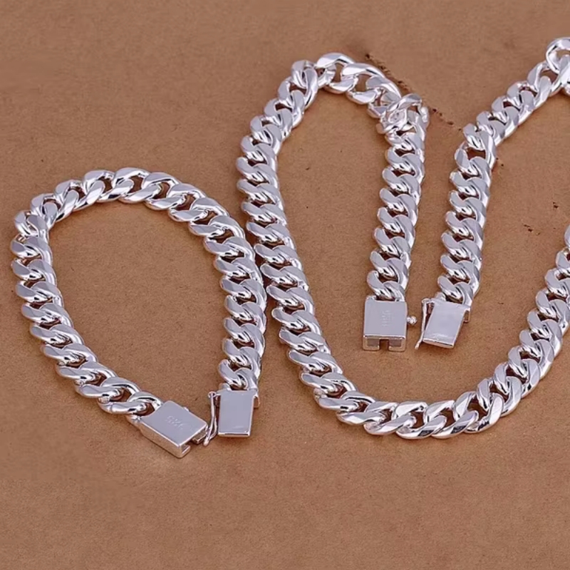 Set Perhiasan Kalung dan Gelang Rantai Kotak Klasik 10MM Perak Sterling 925 untuk Pria, 20/22/24 Inci, Hadiah Fashion untuk Pesta dan Liburan