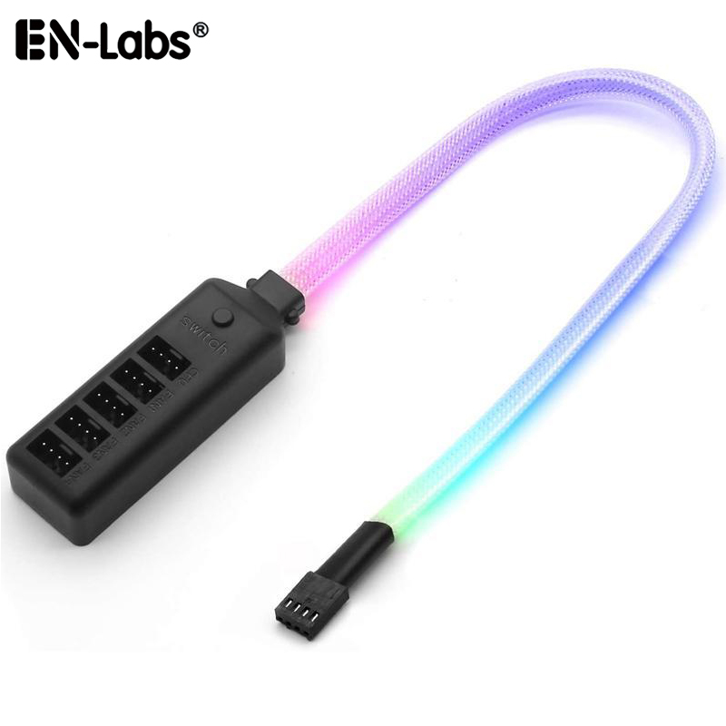 Splitter Hub Kipas PWM Berlengan dengan Sakelar Lampu LED RGB, Kabel Adaptor 4 Pin ke 4/5 Jalur untuk Kipas CPU Motherboard 4-Pin & 3-Pin