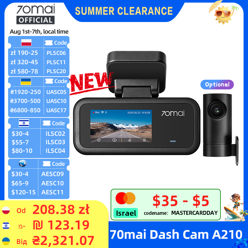 【Neu】70mai A210 Dashcam 1080P HDR Auto-Rekorder 24H Parküberwachung 132° °   FOV Dual-Channel-Aufzeichnungsgerät mit Superkondensator, integriertem GPS und Wi-Fi 6