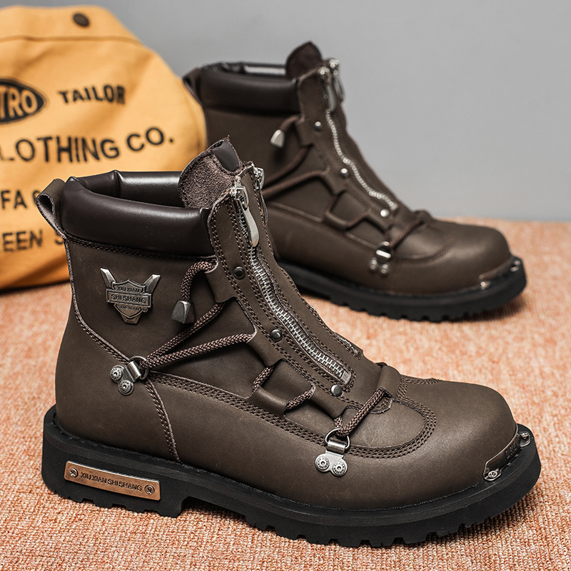 Nowe wysokiej jakości męskie skórzane buty, modne męskie buty motocyklowe, outdoorowe antypoślizgowe buty robocze, wygodne buty na platformie z wysoką cholewką.