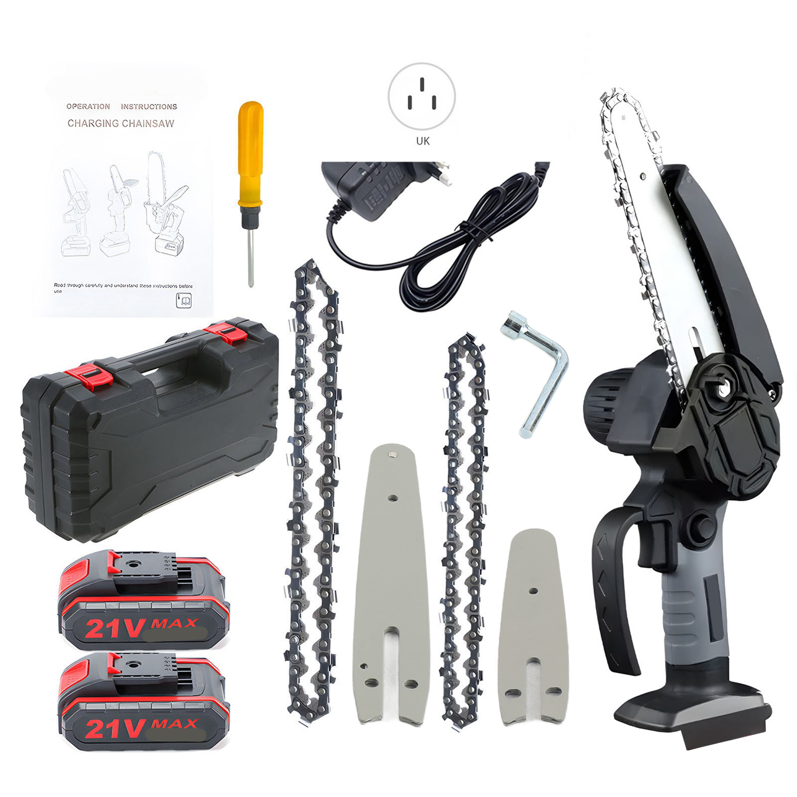EU-Minikettensäge, 10,2 cm, 15,2 cm, tragbare Kettensäge mit Sicherheitsschloss, 2 Ketten, 21 V, wiederaufladbare batteriebetriebene elektrische Kettensäge