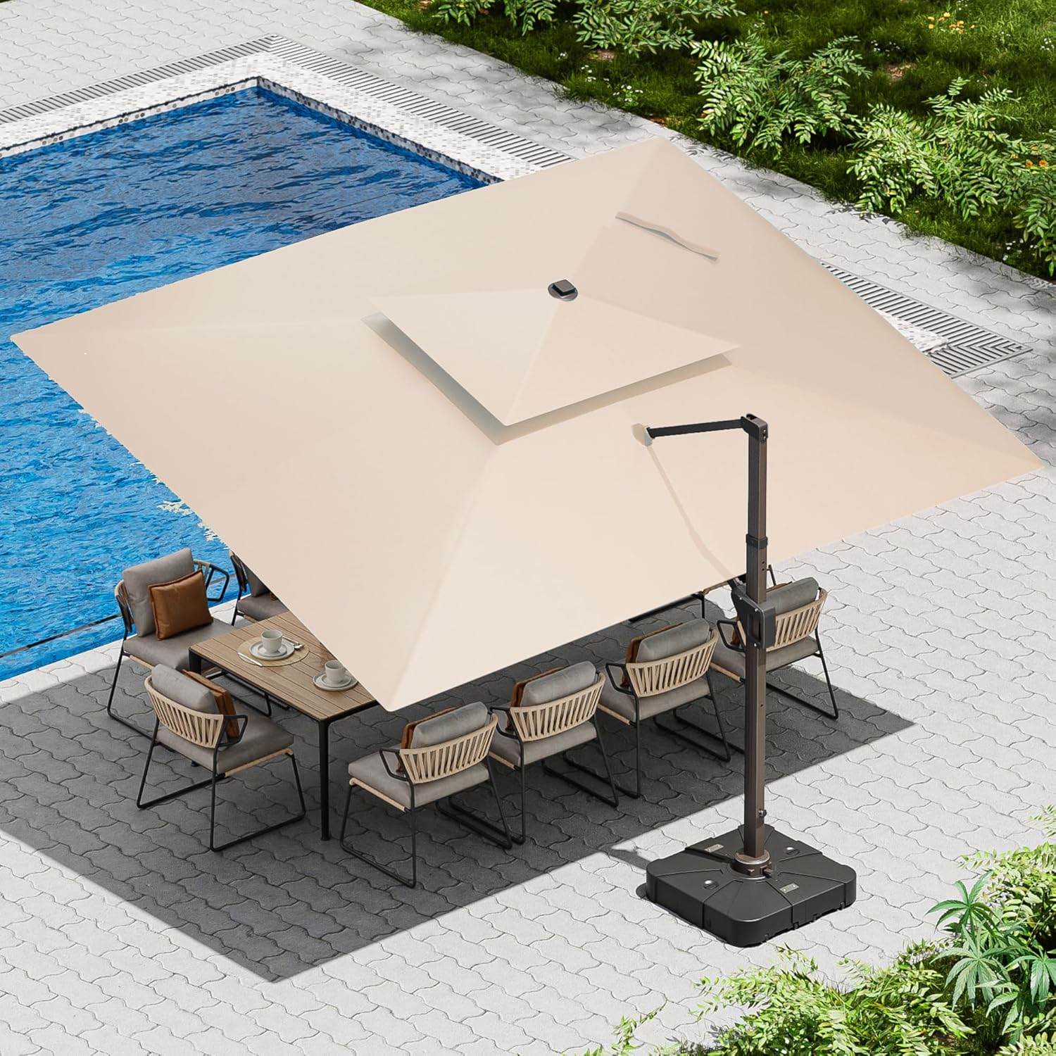 Parasol de patio à bras articulé 10 x 13 pieds avec base incluse, robuste, double toit, résistant au vent, rectangulaire, décalé, personnalisable